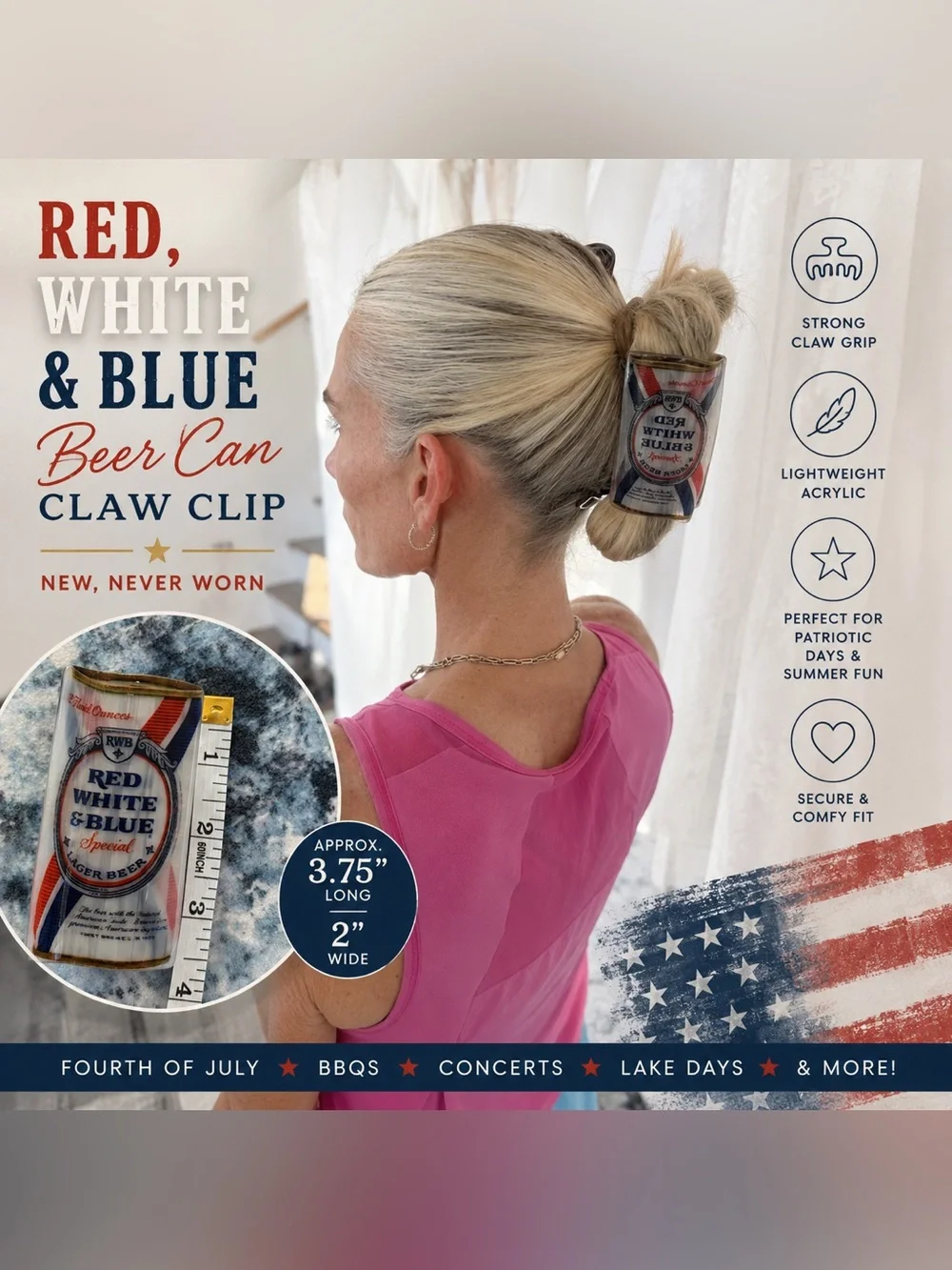 Red White & Blue Beer Can Claw Hair Clip Novelty Patriotic USA NWT